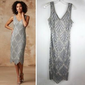 Pisarro Nights Gray Silver Beaded Fan Sleeveless V-Neck Cocktail Midi Dress 6